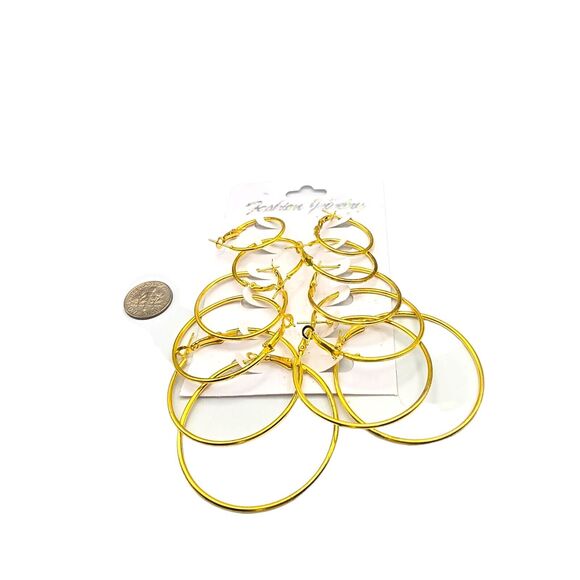 Six Hoop Pairs Earrings Yellow Gold Tone Metal Pierced Hinged Closure - Picture 2 of 4